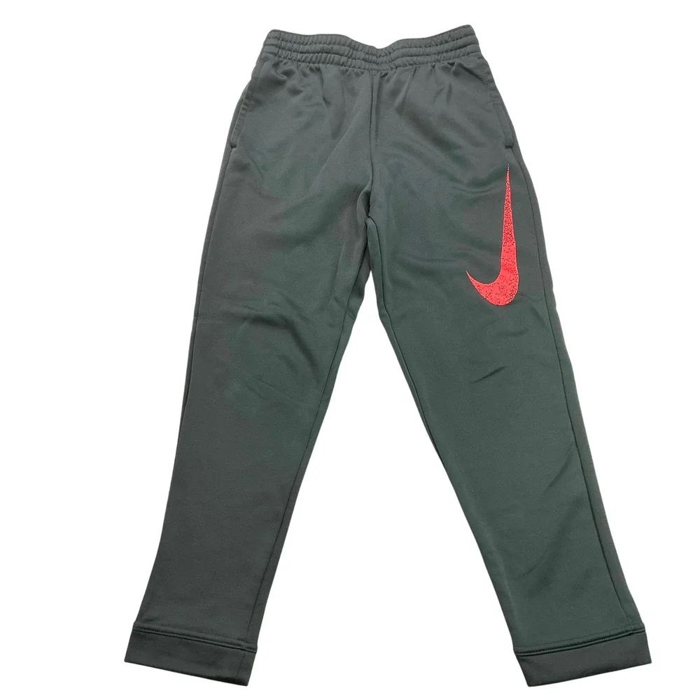 Nike Charcoal Grey Sweatpants Kids Size M Red Swoosh Dri-FIT Therma Pants